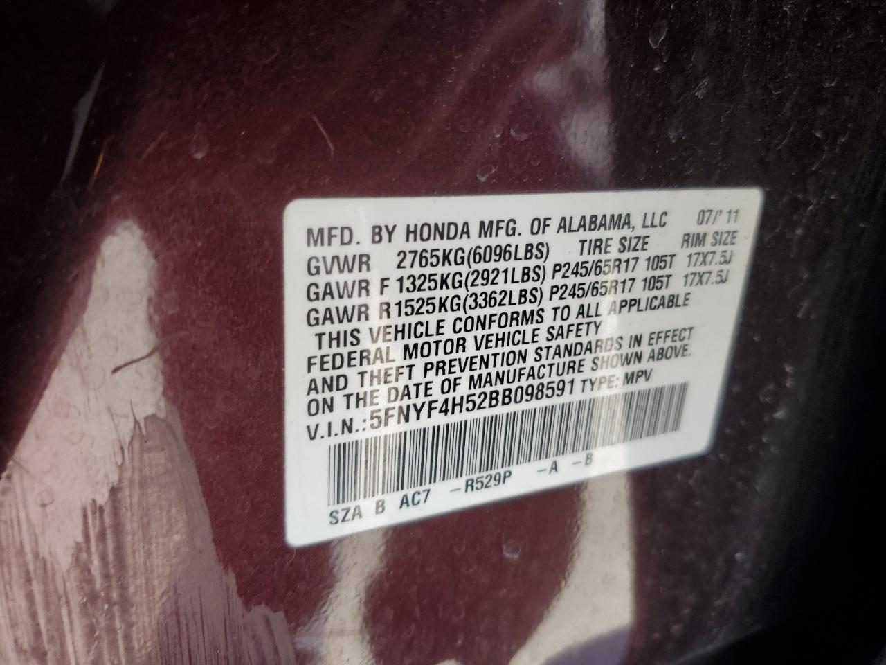 2011 Honda Pilot VIN 5FNYF4H52BB098591 Copart auction photo, front end / side damage thumbnail 15