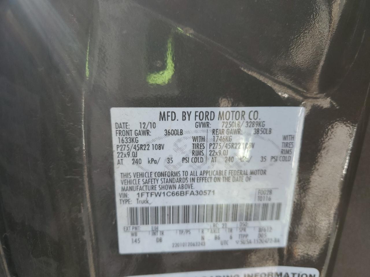 2011 Ford F-150 VIN 1FTFW1C66BFA30571 Copart auction photo, top/roof / all over damage thumbnail 12