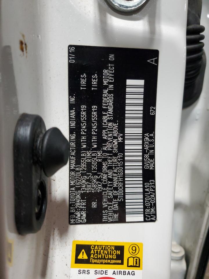 2016 Toyota Highlander VIN 5TDDCRFH1GS015110 Copart auction photo, front end damage thumbnail 13