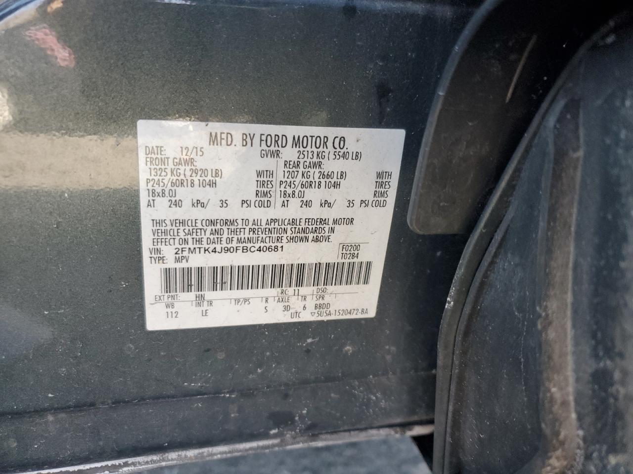 2015 Ford Edge VIN 2FMTK4J90FBC40681 Copart auction photo, front end damage thumbnail 13