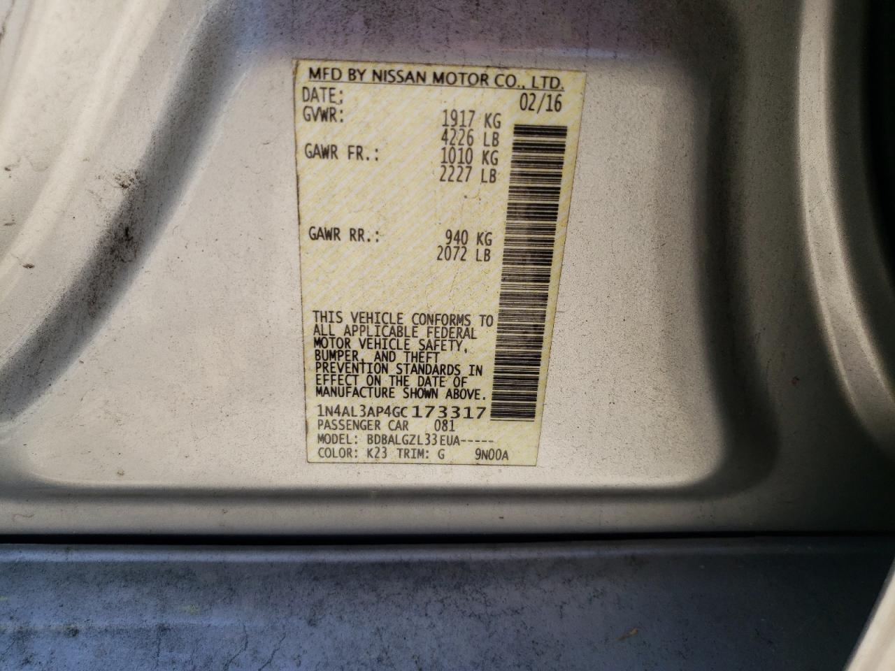 2016 Nissan Altima VIN 1N4AL3AP4GC173317 Copart auction photo, rear end damage thumbnail 12