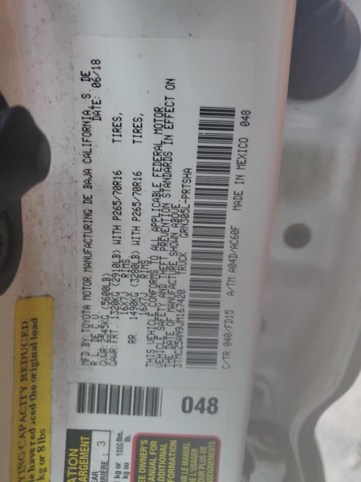 2018 Toyota Tacoma VIN 3TMCZ5AN9JM167420 Copart auction photo, rear end / stripped damage thumbnail 13