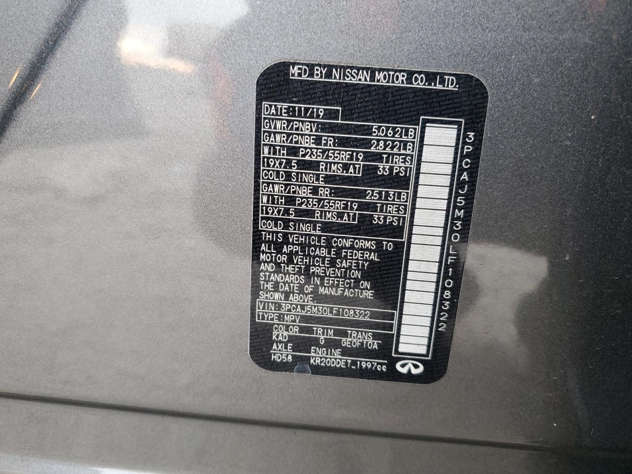 2020 Infiniti QX50 VIN 3PCAJ5M30LF108322 Copart auction photo, front end / undercarriage damage thumbnail 13