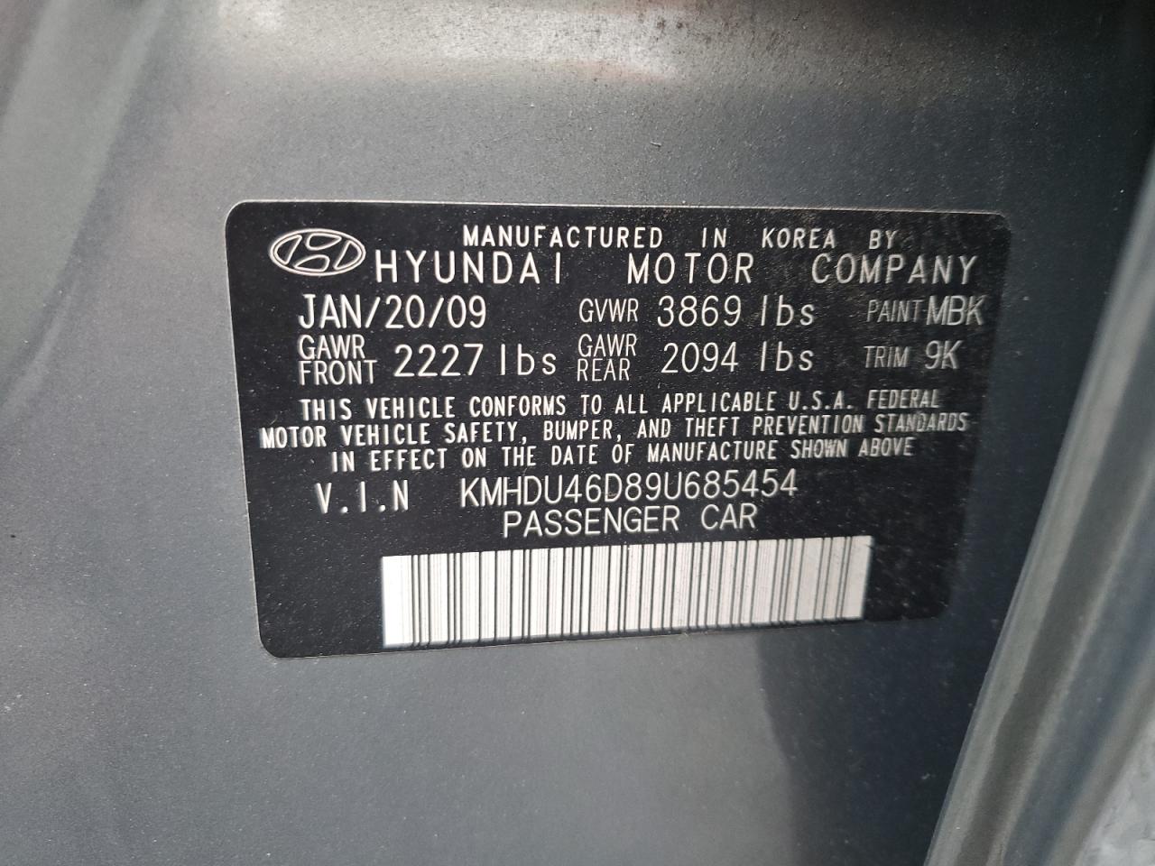 2009 Hyundai Elantra VIN KMHDU46D89U685454 Copart auction photo, side damage thumbnail 14