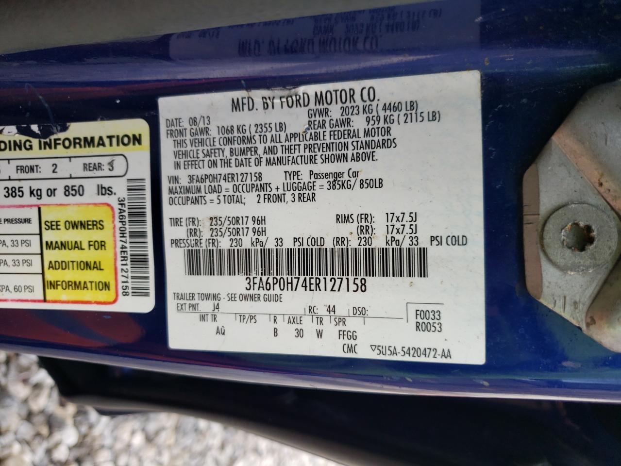 2014 Ford Fusion VIN 3FA6P0H74ER127158 Copart auction photo, front end / side damage thumbnail 12