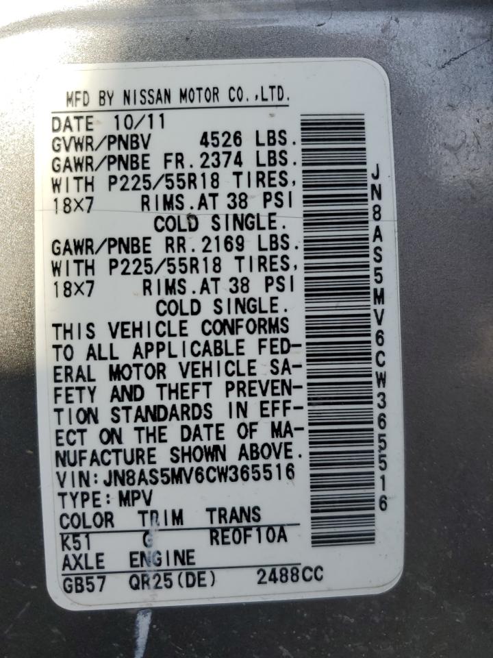 2012 Nissan Rogue VIN JN8AS5MV6CW365516 Copart auction photo, front end / rear end damage thumbnail 14
