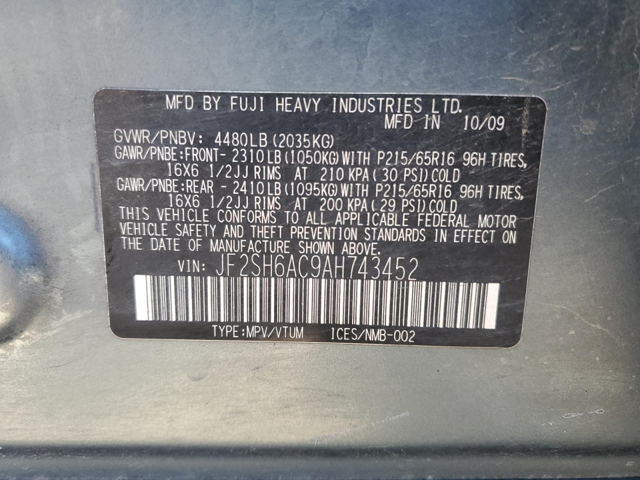 2010 Subaru Forester VIN JF2SH6AC9AH743452 Copart auction photo, side / all over damage thumbnail 13