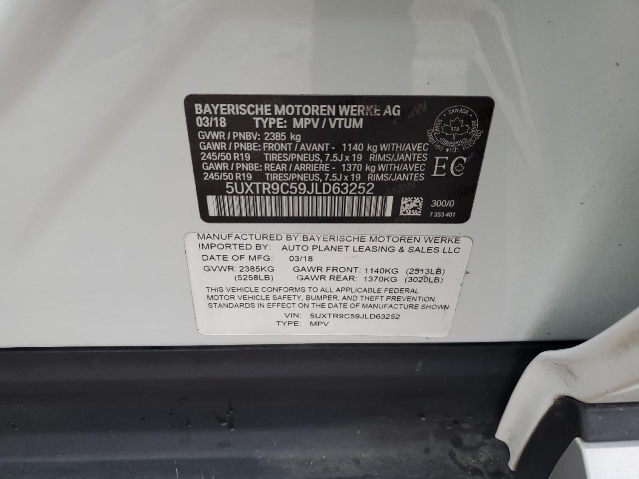 2018 BMW X3 VIN 5UXTR9C59JLD63252 Copart auction photo, front end / minor dent/scratches damage thumbnail 15