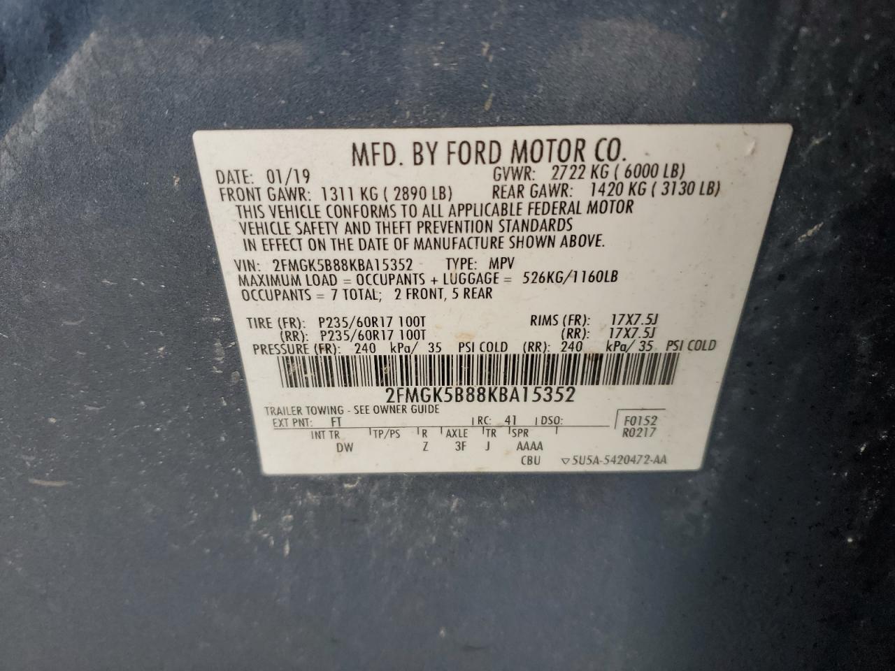 2019 Ford Flex VIN 2FMGK5B88KBA15352 Copart auction photo, front end damage thumbnail 13