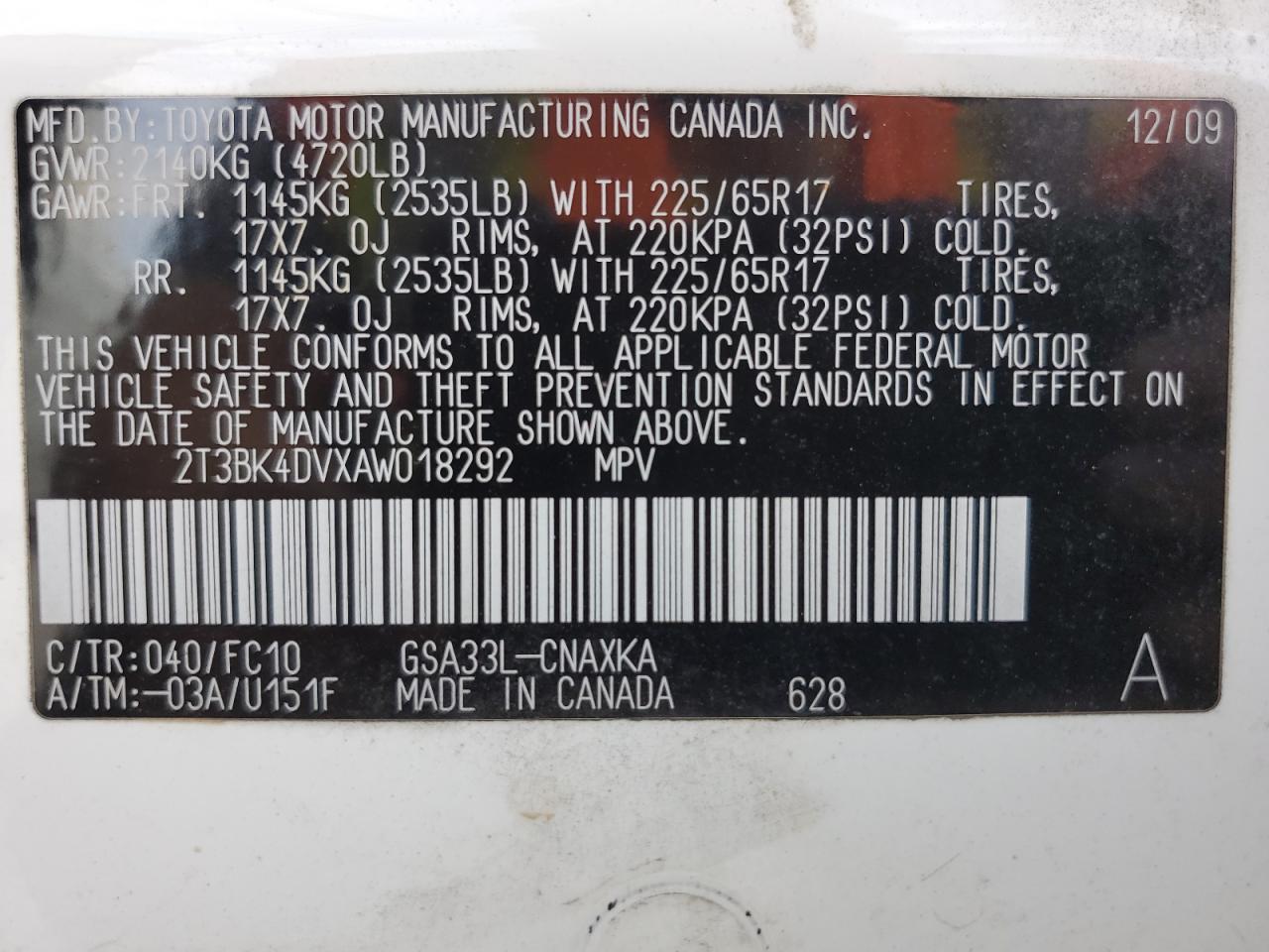 2010 Toyota RAV 4 VIN 2T3BK4DVXAW018292 Copart auction photo, front end damage thumbnail 14