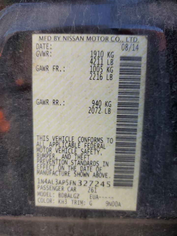 2015 Nissan Altima VIN 1N4AL3AP5FN327245 Copart auction photo, rear end damage thumbnail 12