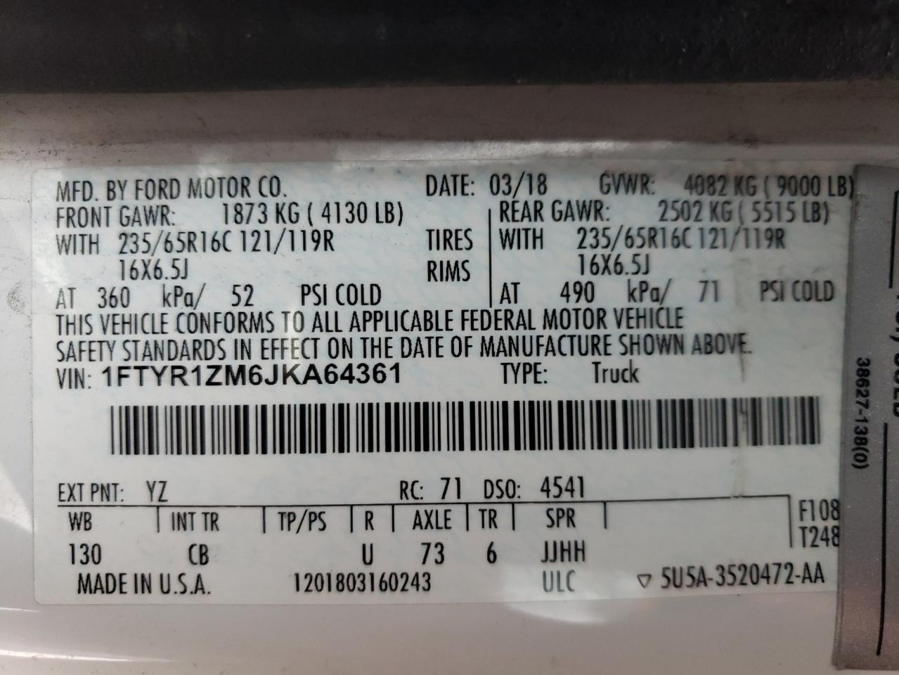 2018 Ford Transit VIN 1FTYR1ZM6JKA64361 Copart auction photo, front end / hail damage thumbnail 14