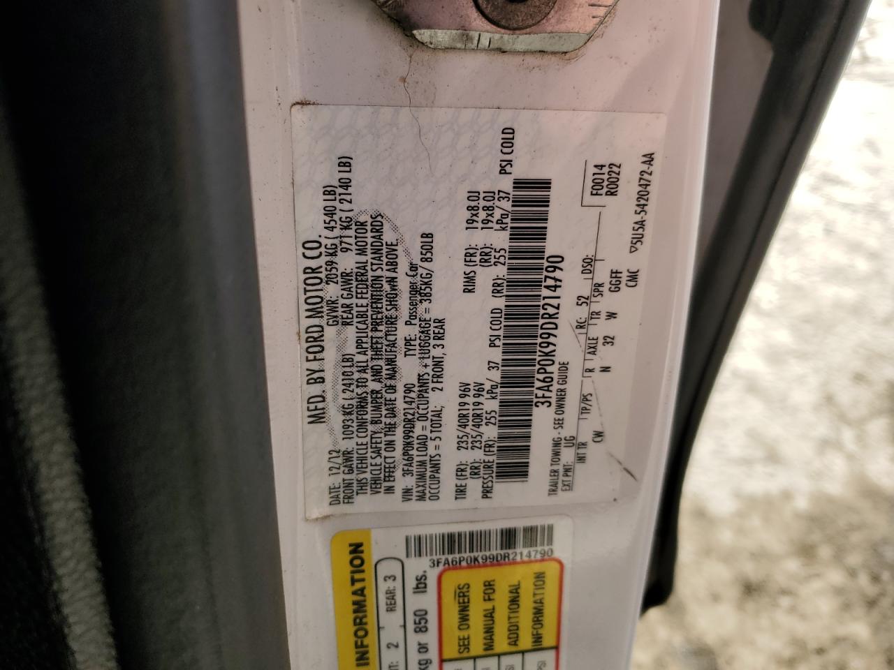 2013 Ford Fusion VIN 3FA6P0K99DR214790 Copart auction photo, side / front end damage thumbnail 14