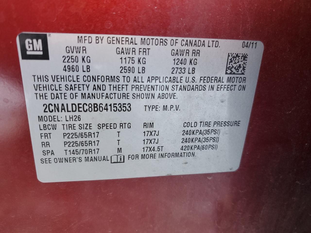 2011 Chevrolet Equinox VIN 2CNALDEC8B6415353 Copart auction photo, all over damage thumbnail 13