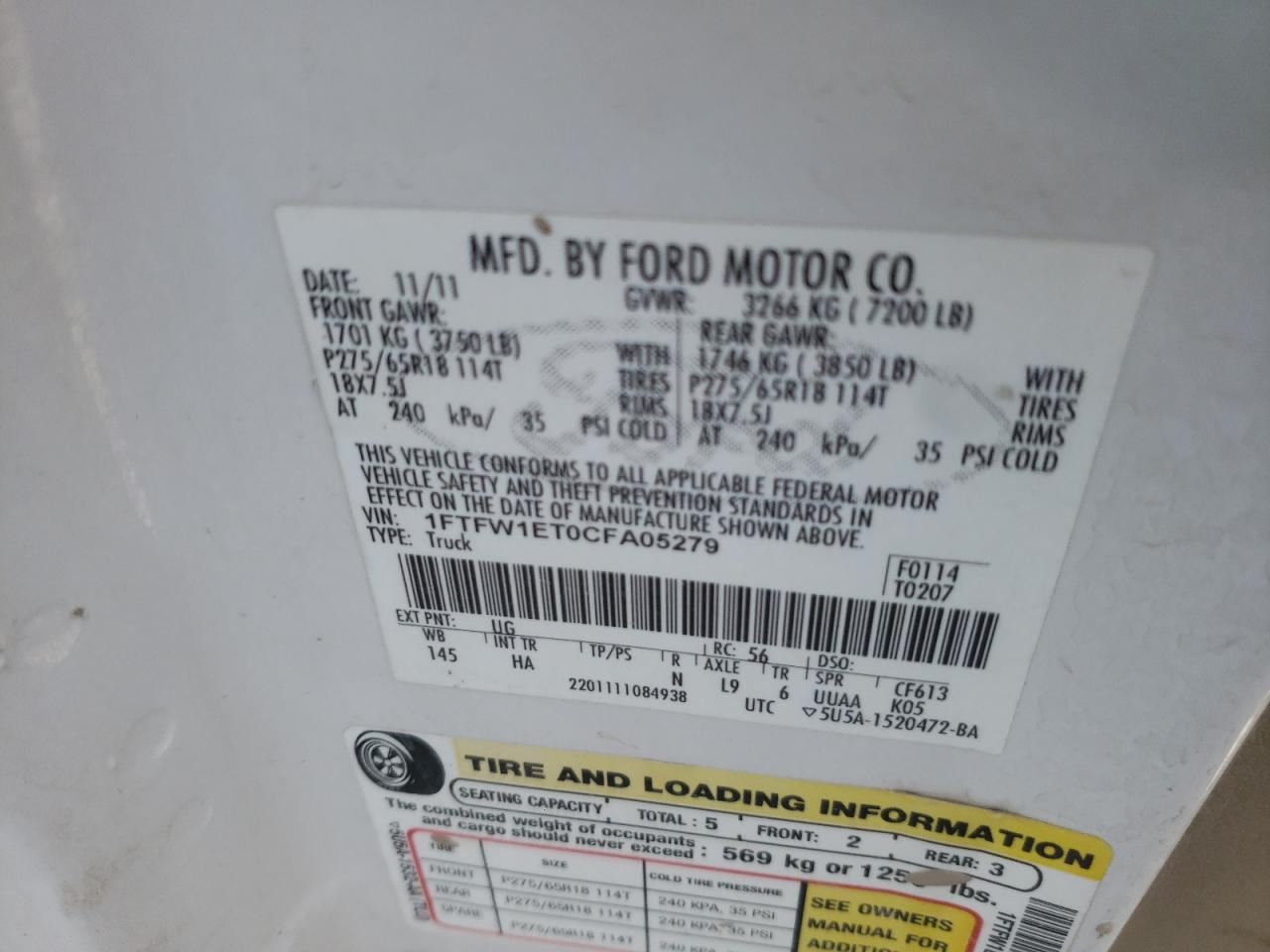2012 Ford F-150 VIN 1FTFW1ET0CFA05279 Copart auction photo, burn damage thumbnail 12