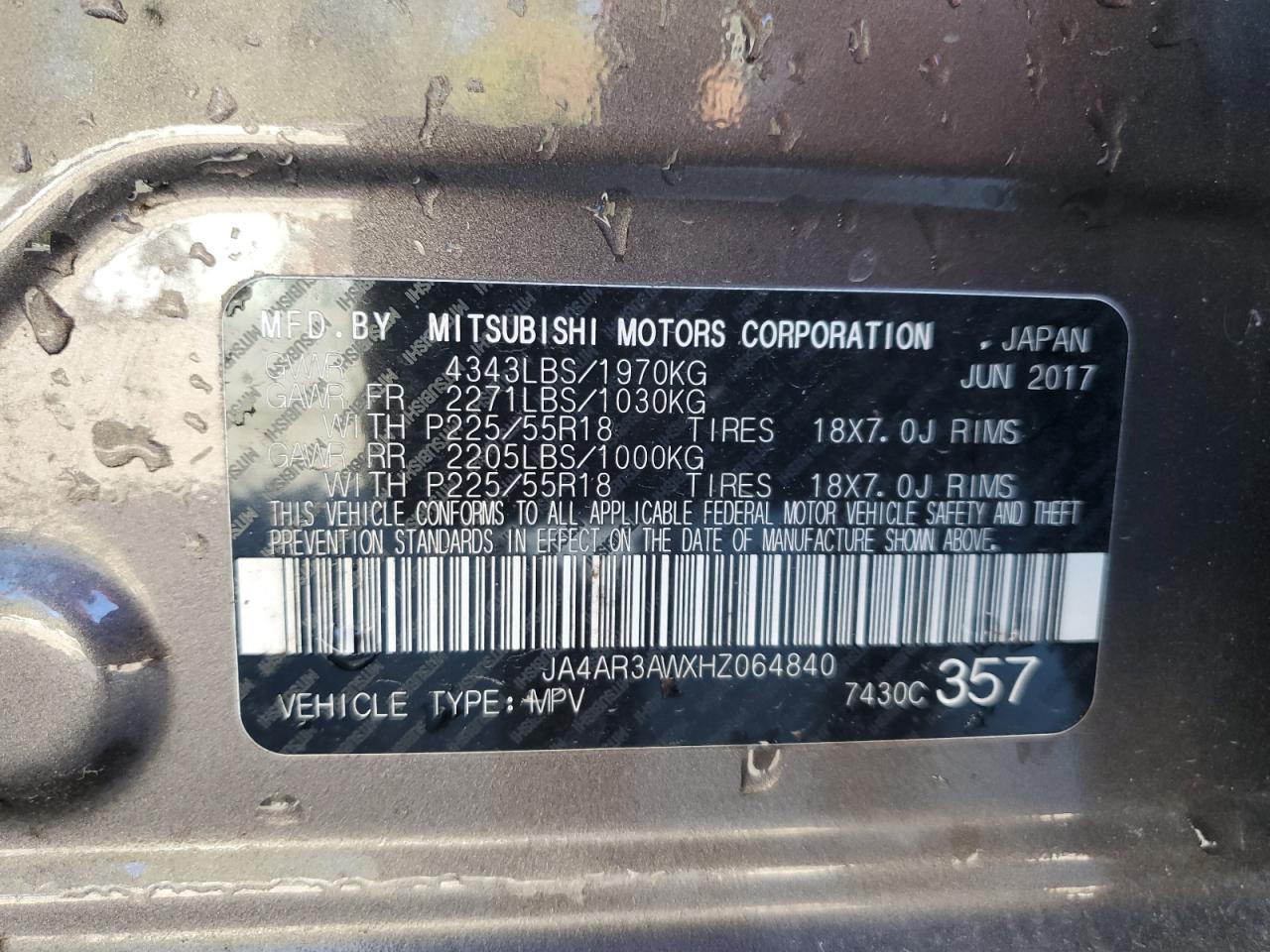 2017 Mitsubishi Outlander VIN JA4AR3AWXHZ064840 Copart auction photo, front end / minor dent/scratches damage thumbnail 14