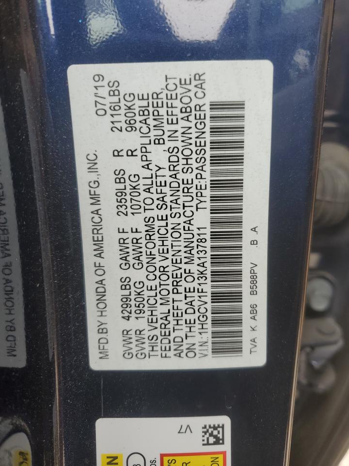 2019 Honda Accord VIN 1HGCV1F13KA137811 Copart auction photo, front end / rear end damage thumbnail 14