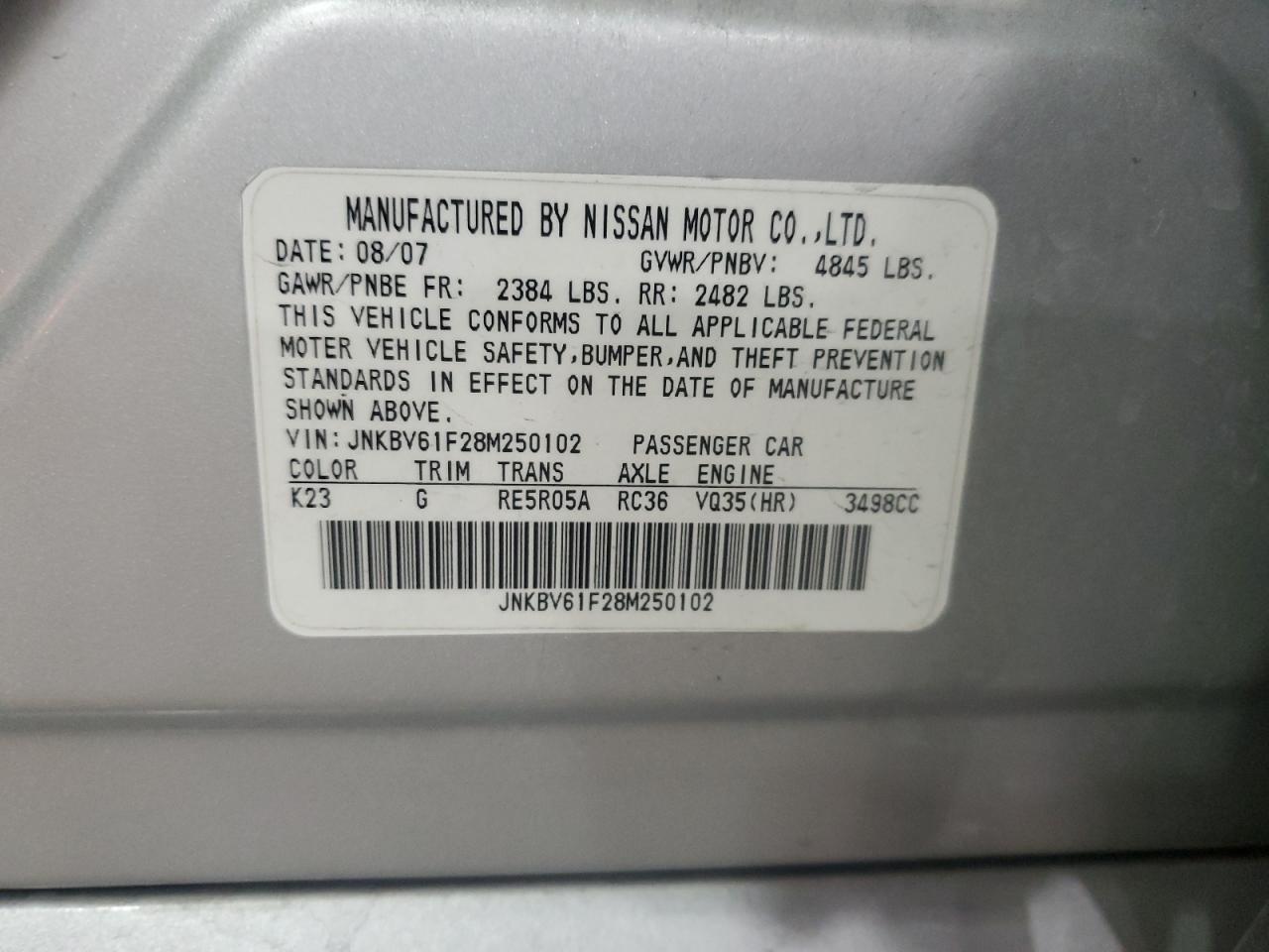2008 Infiniti G VIN JNKBV61F28M250102 Copart auction photo, front end damage thumbnail 12