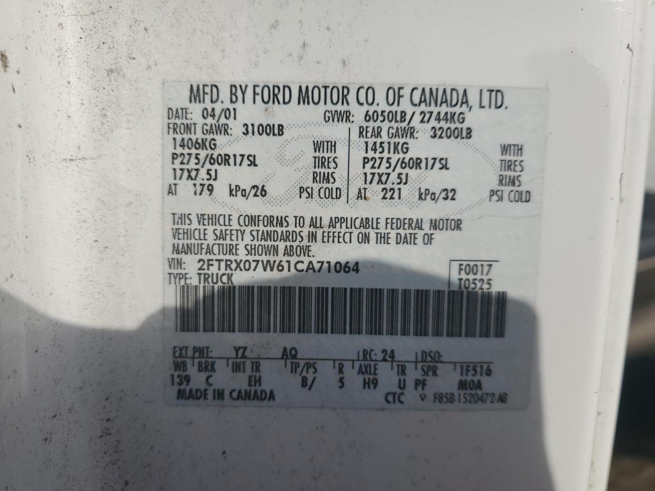 2001 Ford F-150 VIN 2FTRX07W61CA71064 Copart auction photo, side / front end damage thumbnail 14