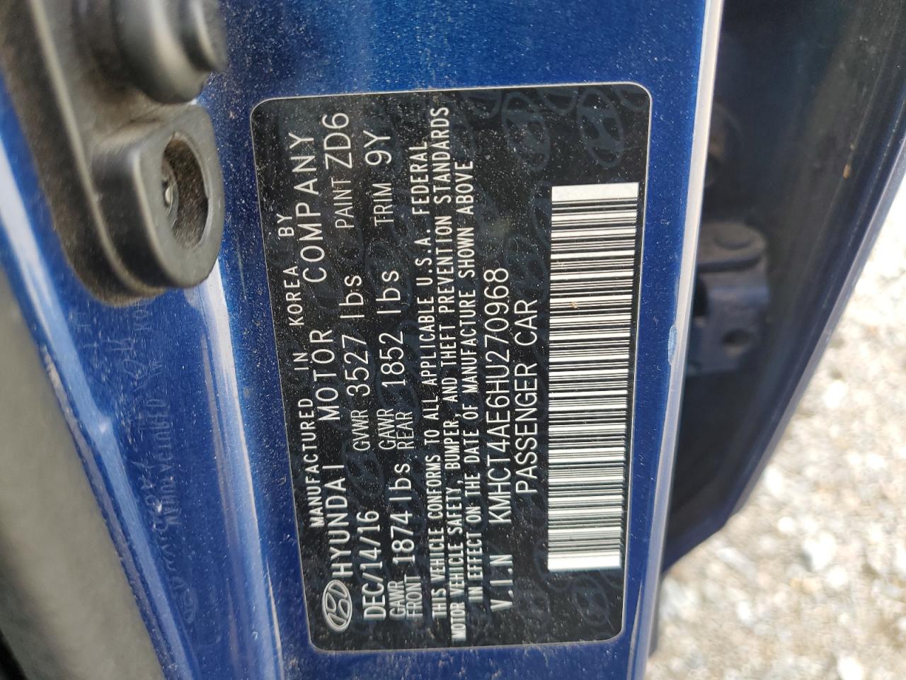 2017 Hyundai Accent VIN KMHCT4AE6HU270968 Copart auction photo, mechanical damage thumbnail 12