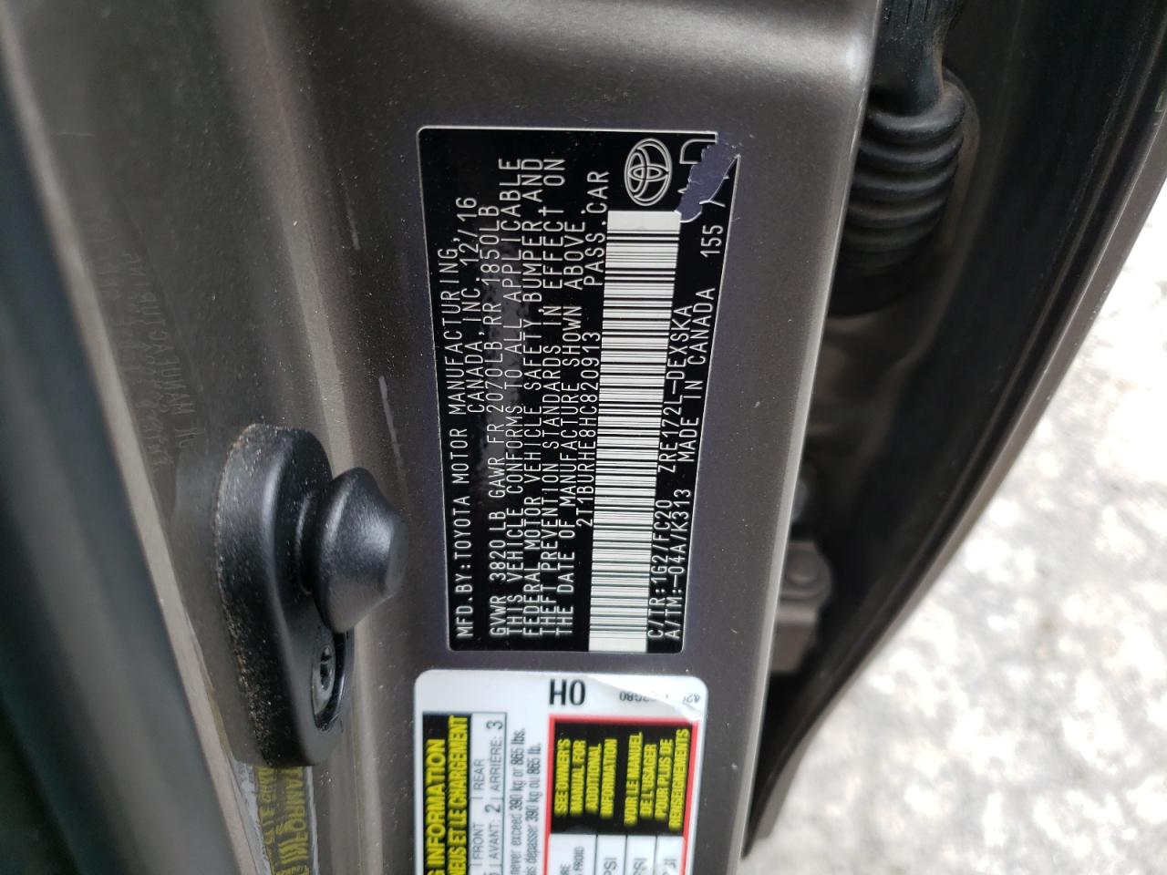 2017 Toyota Corolla VIN 2T1BURHE8HC820913 Copart auction photo, frame damage / front end damage thumbnail 12