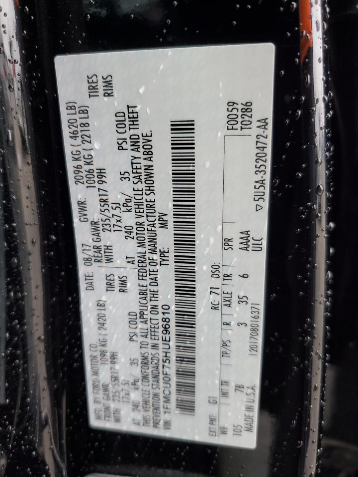 2017 Ford Escape VIN 1FMCU0F75HUE96810 Copart auction photo, side / front end damage thumbnail 15