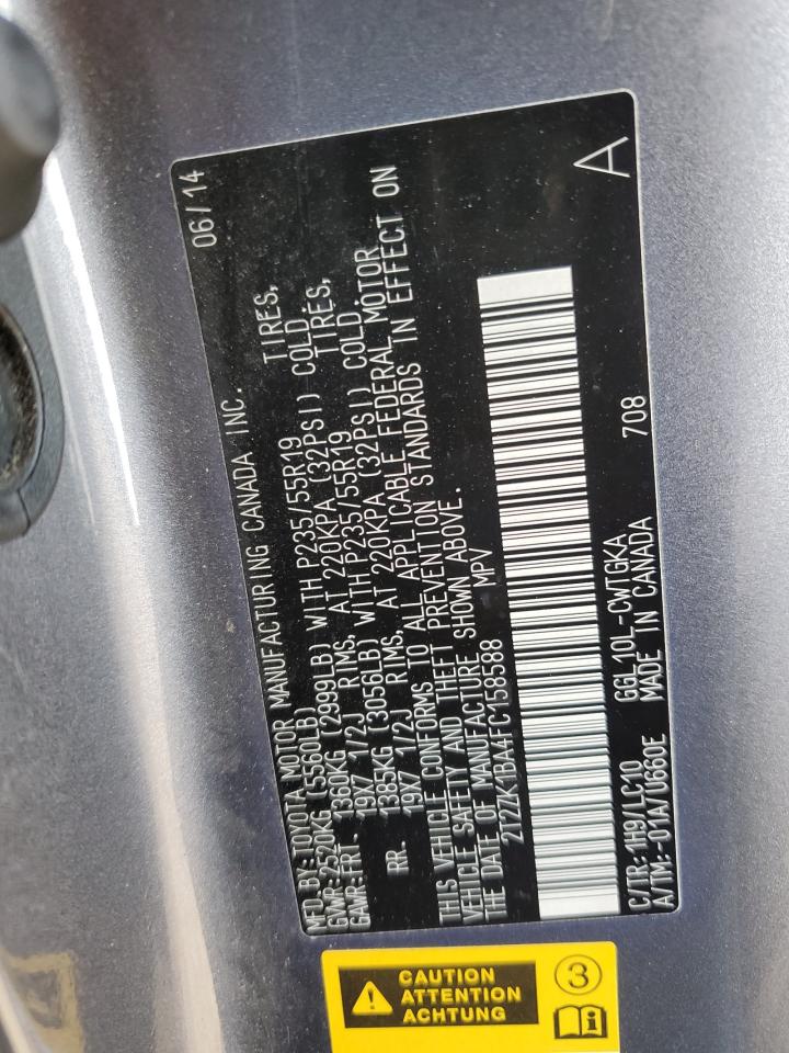 2015 Lexus RX VIN 2T2ZK1BA4FC158588 Copart auction photo, front end / side damage thumbnail 13