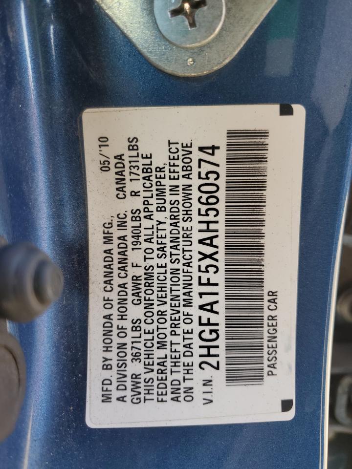 2010 Honda Civic VIN 2HGFA1F5XAH560574 Copart auction photo, mechanical damage thumbnail 12