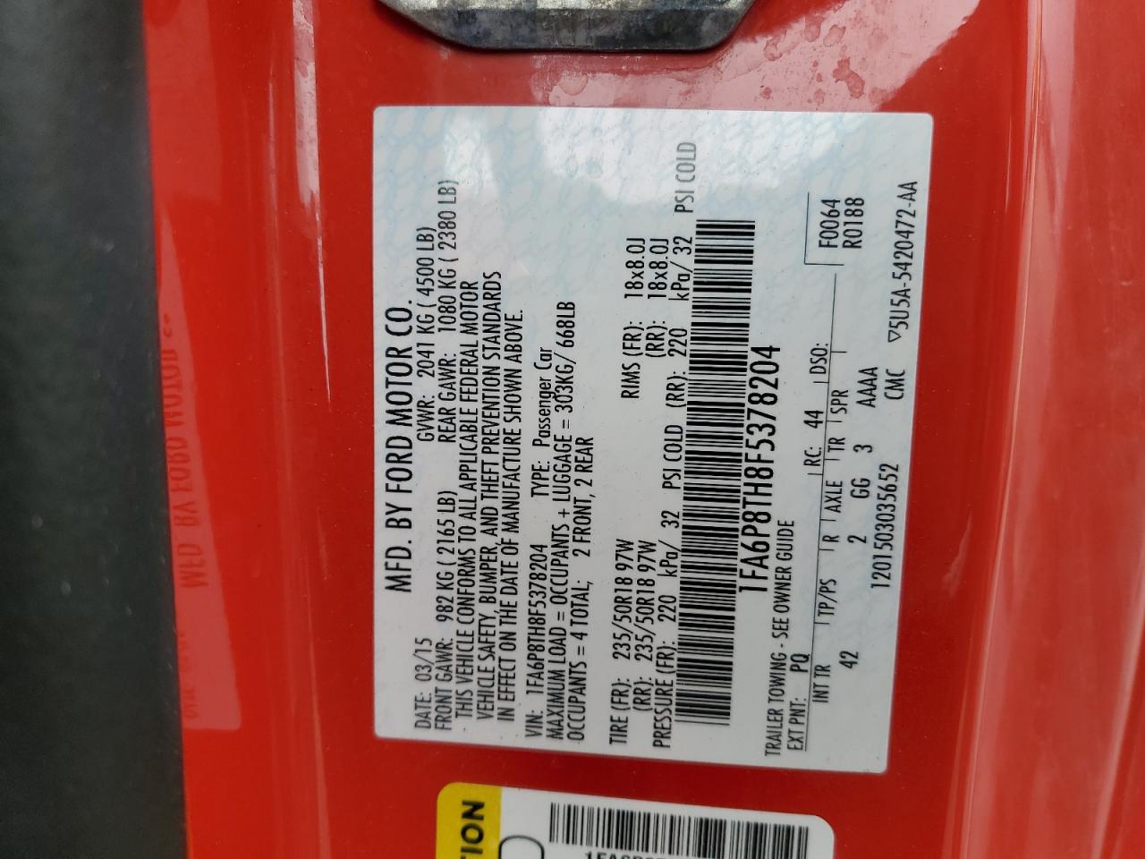 2015 Ford Mustang VIN 1FA6P8TH8F5378204 Copart auction photo, front end / side damage thumbnail 14
