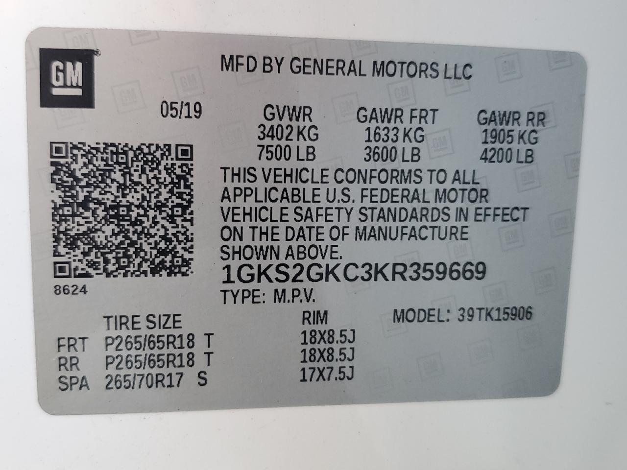 2019 GMC Yukon VIN 1GKS2GKC3KR359669 Copart auction photo, front end / minor dent/scratches damage thumbnail 14