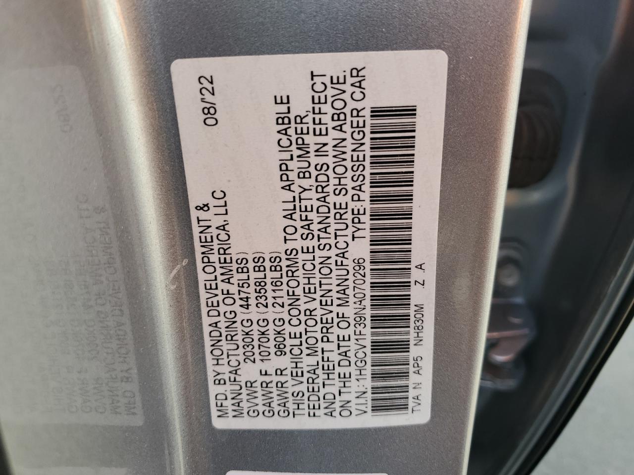 2022 Honda Accord VIN 1HGCV1F39NA070296 Copart auction photo, rear end / side damage thumbnail 12