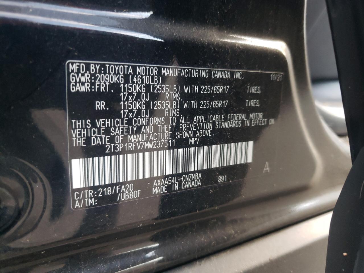 2021 Toyota RAV 4 VIN 2T3P1RFV7MW237511 Copart auction photo, front end / side damage thumbnail 15
