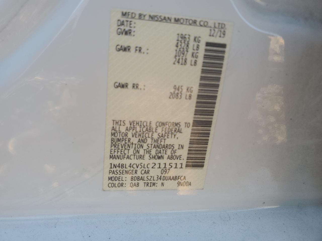 2020 Nissan Altima VIN 1N4BL4CV5LC211511 Copart auction photo, front end damage thumbnail 12
