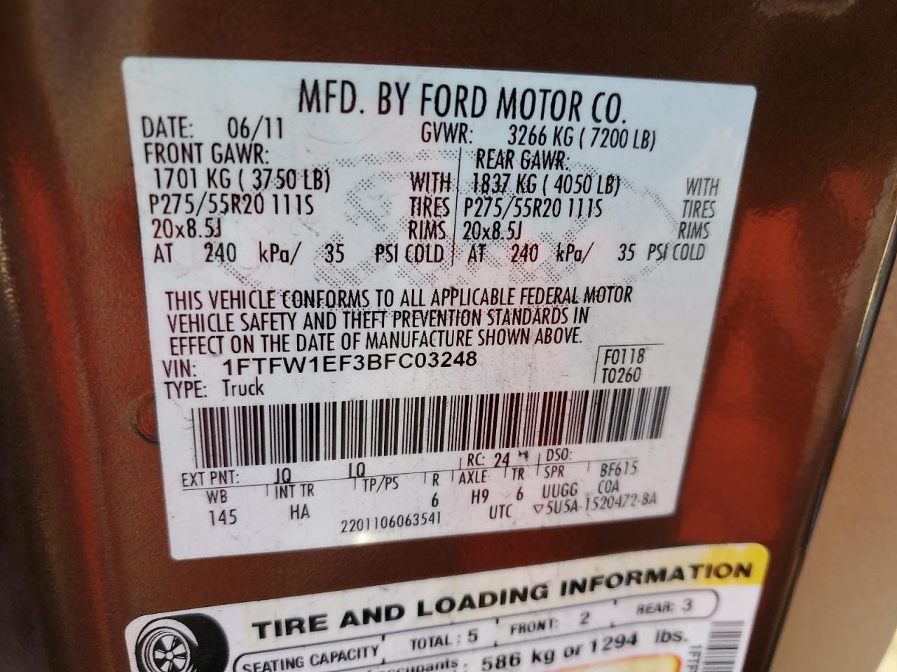 2011 Ford F-150 VIN 1FTFW1EF3BFC03248 Copart auction photo, side / rear end damage thumbnail 12