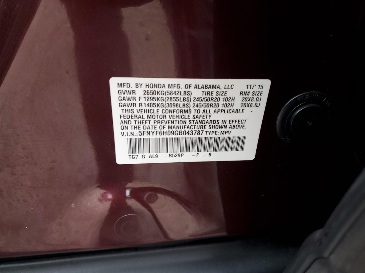 2016 Honda Pilot VIN 5FNYF6H09GB043787 Copart auction photo, front end / minor dent/scratches damage thumbnail 15