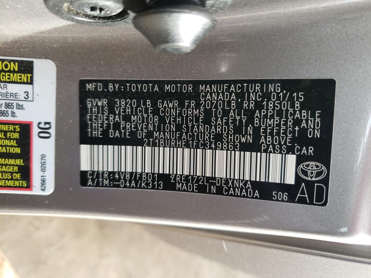 2015 Toyota Corolla VIN 2T1BURHE1FC349863 Copart auction photo, all over damage thumbnail 14
