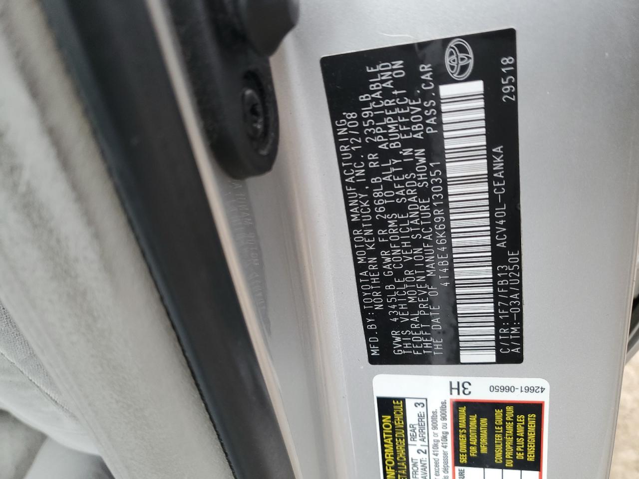 2009 Toyota Camry VIN 4T4BE46K69R130351 Copart auction photo, front end / side damage thumbnail 12