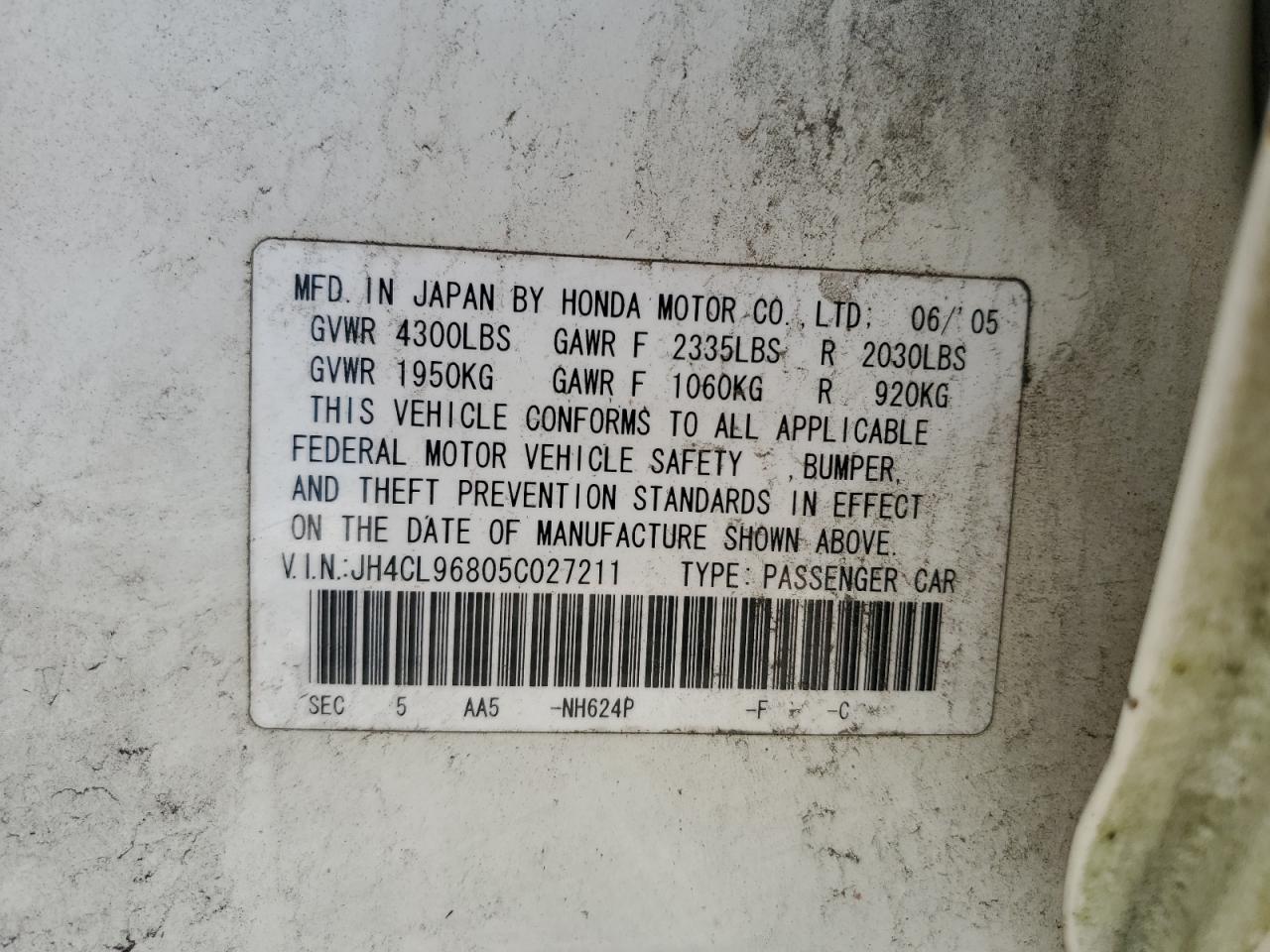 2005 Acura TSX VIN JH4CL96805C027211 Copart auction photo, front end damage thumbnail 13