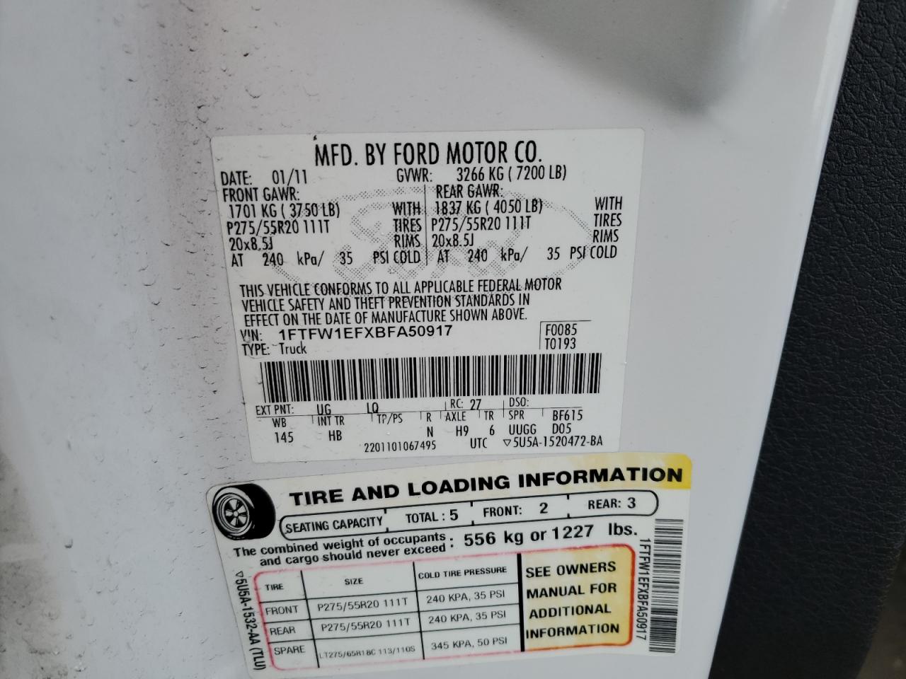 2011 Ford F-150 VIN 1FTFW1EFXBFA50917 Copart auction photo, rear end / minor dent/scratches damage thumbnail 12