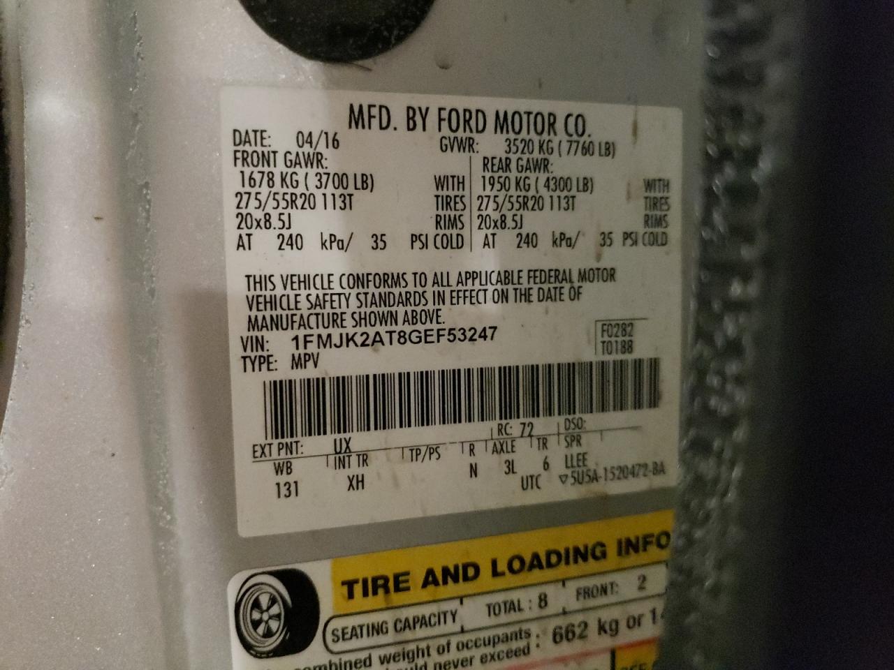 2016 Ford Expedition VIN 1FMJK2AT8GEF53247 Copart auction photo, front end damage thumbnail 15