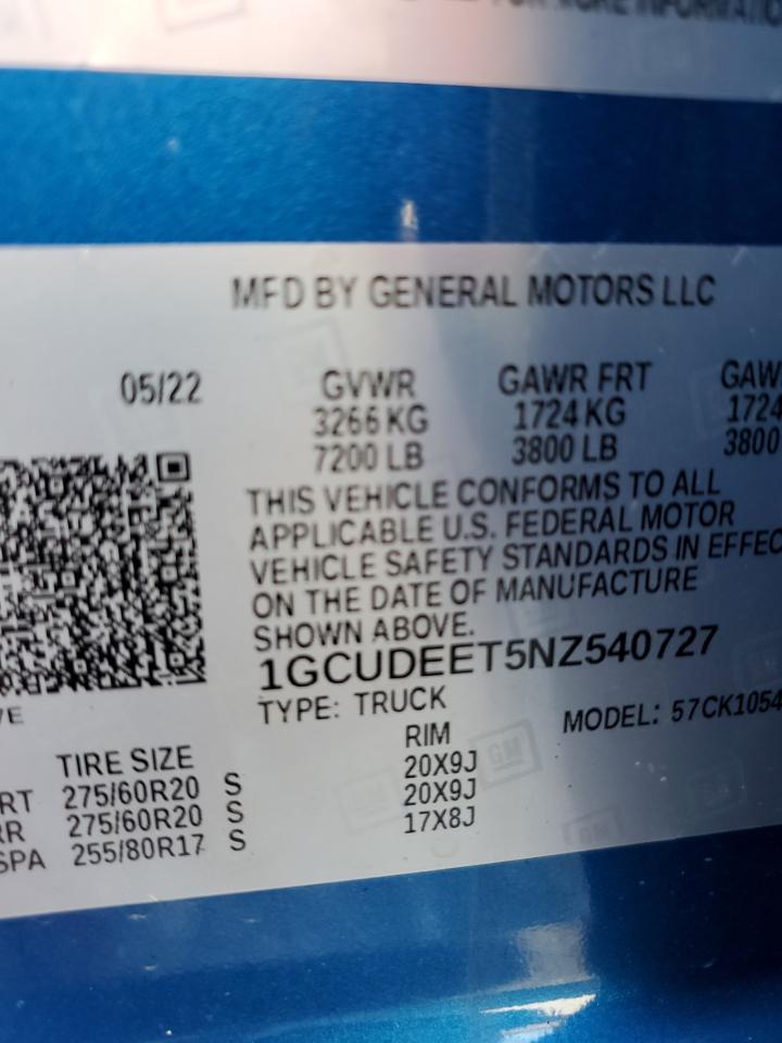 2022 Chevrolet Silverado VIN 1GCUDEET5NZ540727 Copart auction photo, burn damage thumbnail 12