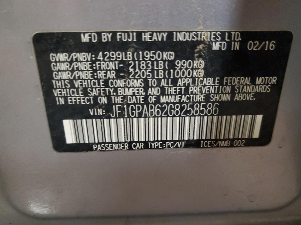2016 Subaru Impreza VIN JF1GPAB62G8258586 Copart auction photo, front end / side damage thumbnail 13