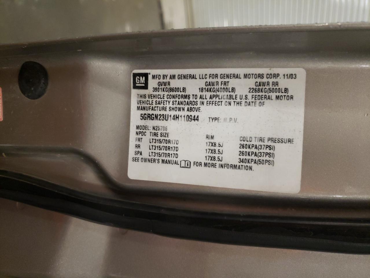 2004 Hummer H2 VIN 5GRGN23U14H110944 Copart auction photo, front end / side damage thumbnail 14