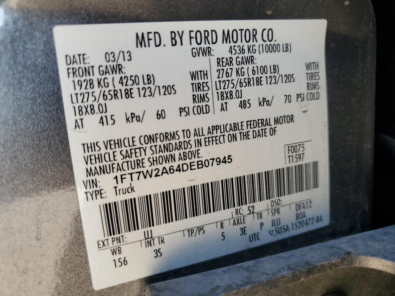 2013 Ford F250 VIN 1FT7W2A64DEB07945 Copart auction photo, front end damage thumbnail 13