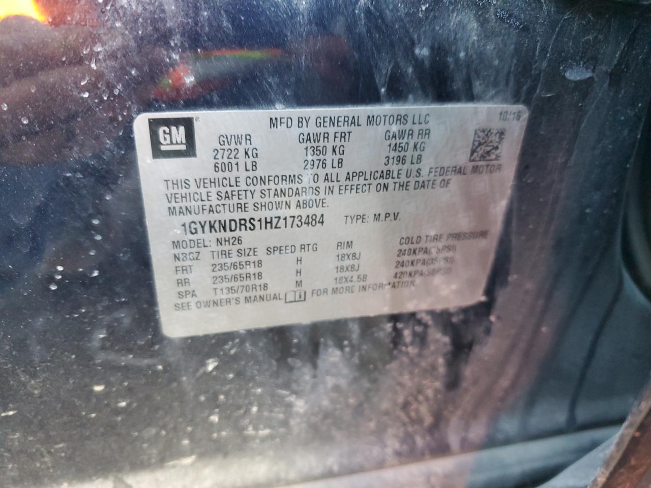 2017 Cadillac XT5 VIN 1GYKNDRS1HZ173484 Copart auction photo, front end / side damage thumbnail 13