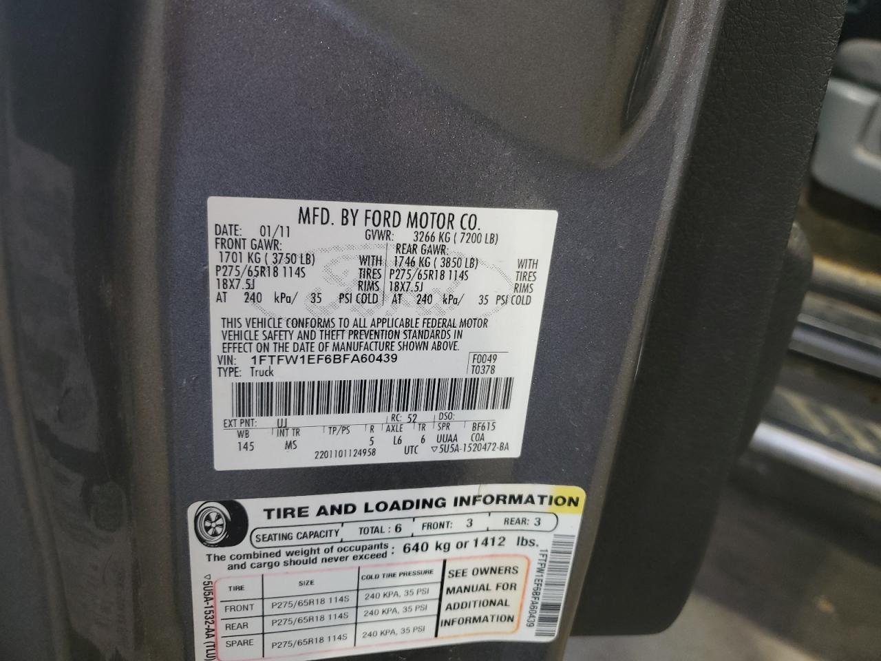 2011 Ford F-150 VIN 1FTFW1EF6BFA60439 Copart auction photo, water/flood / minor dent/scratches damage thumbnail 12