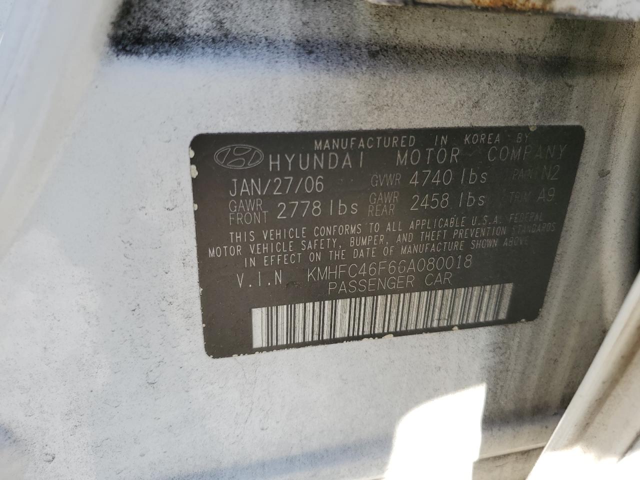 2006 Hyundai Azera VIN KMHFC46F66A080018 Copart auction photo, side damage thumbnail 12