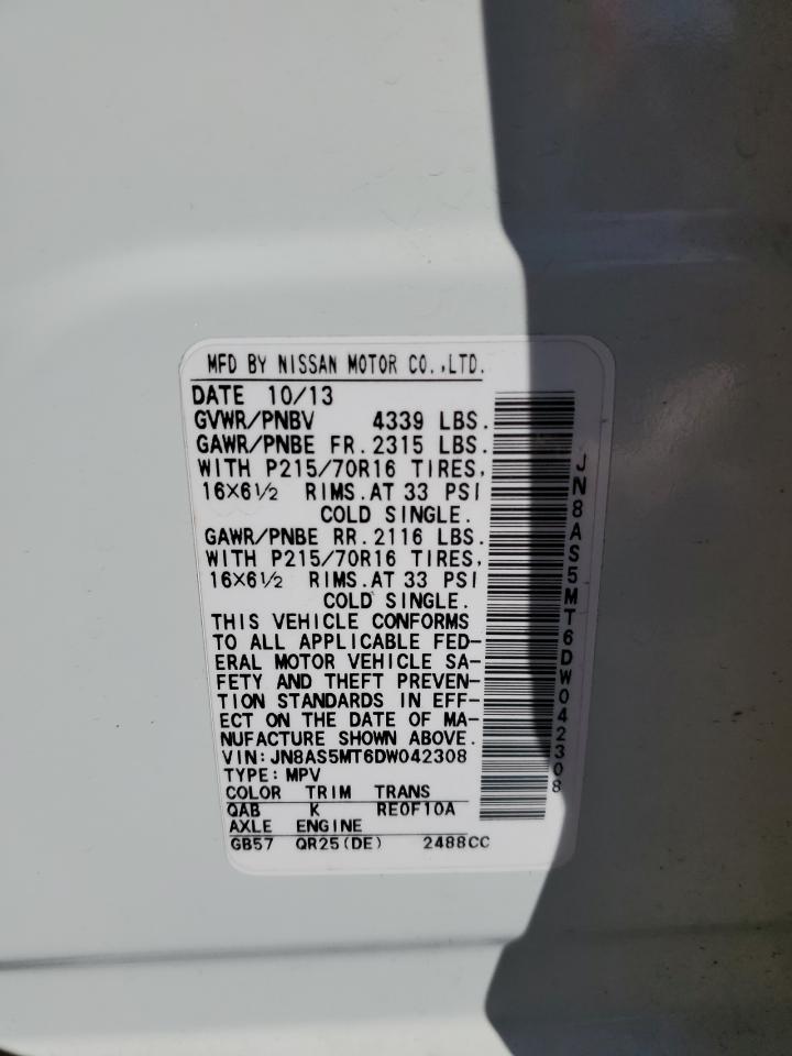 2013 Nissan Rogue VIN JN8AS5MT6DW042308 Copart auction photo, front end / side damage thumbnail 14