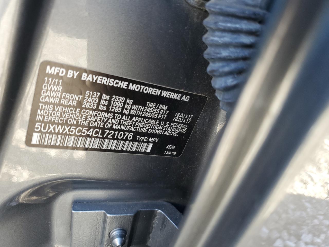 2012 BMW X3 VIN 5UXWX5C54CL721076 Copart auction photo, side damage thumbnail 12