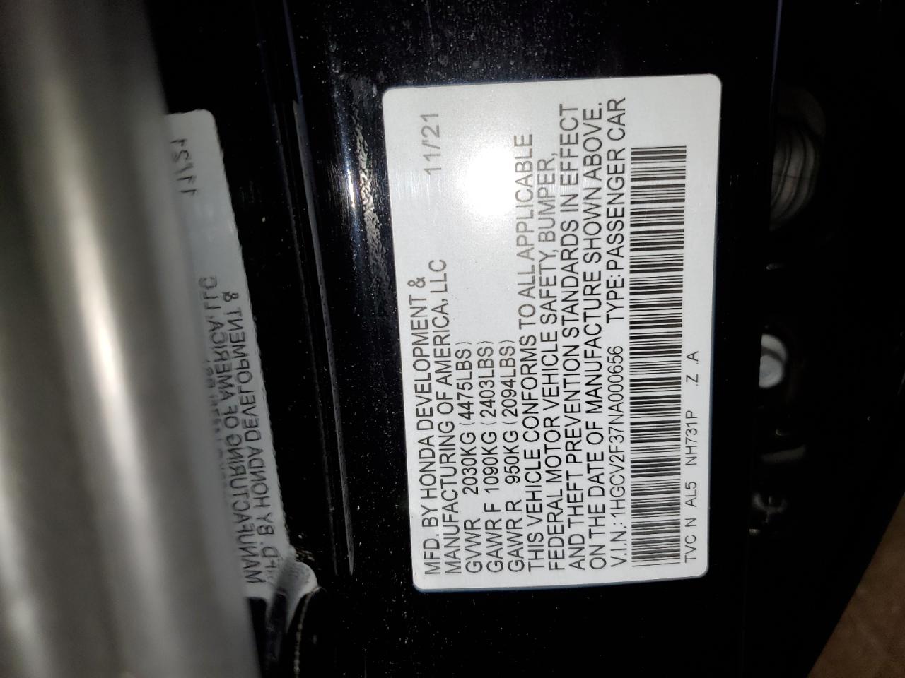 2022 Honda Accord VIN 1HGCV2F37NA000656 Copart auction photo, side / front end damage thumbnail 12